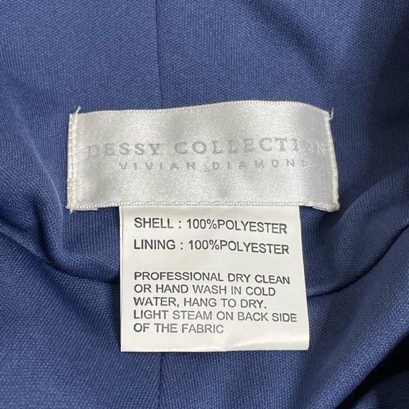 Dessy Collection Cutaway Shoulder Blue Crepe Column Gown 10 - Picture 6 of 7